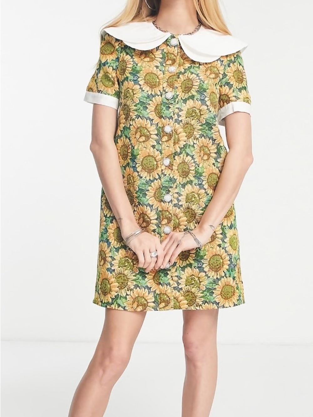 Sister Jane Yellow Sunflower Button-Front Dress with White Peter Pan Collar - Picture 2 of 10